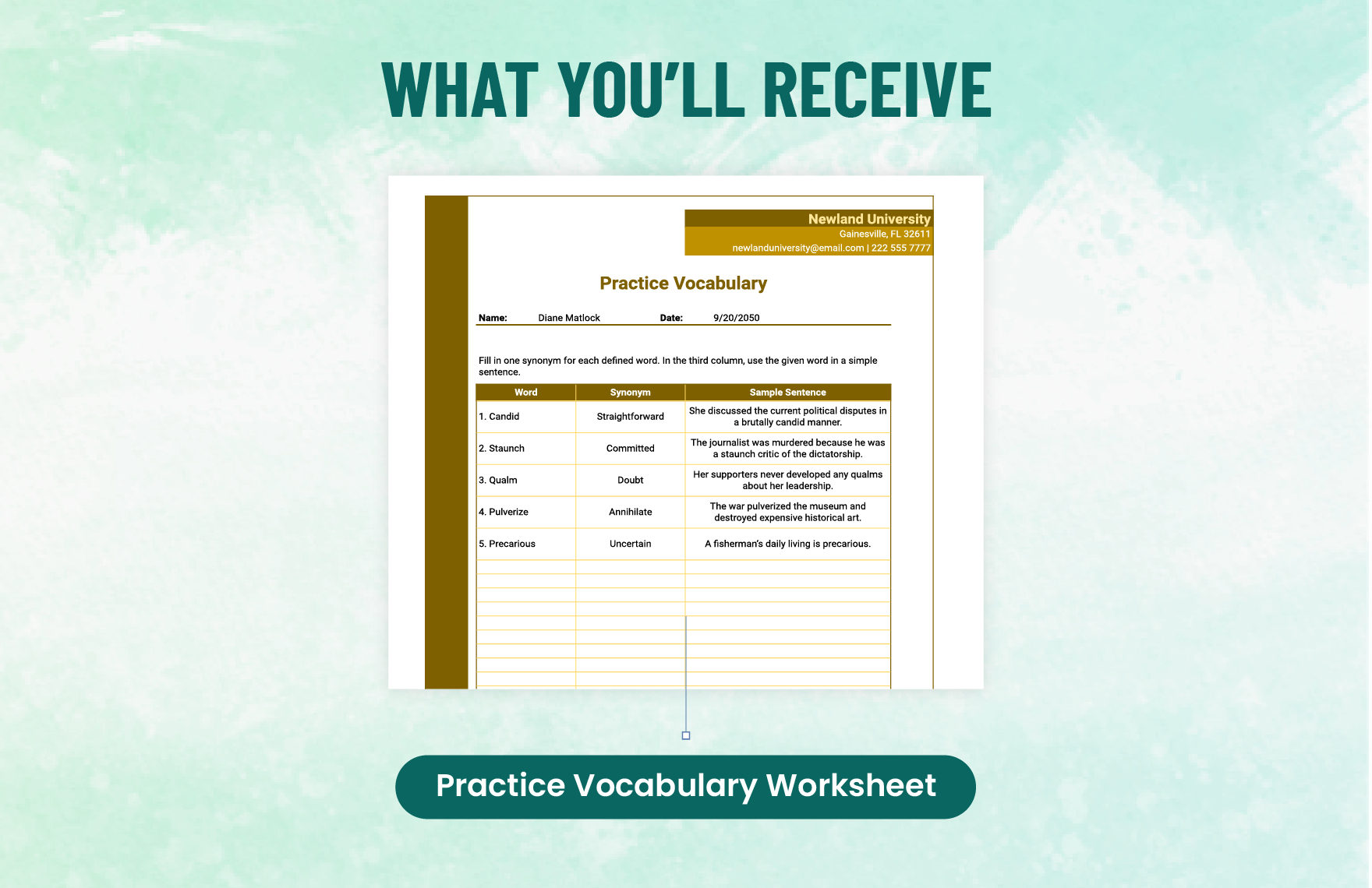 Practice Vocabulary Worksheet Template
