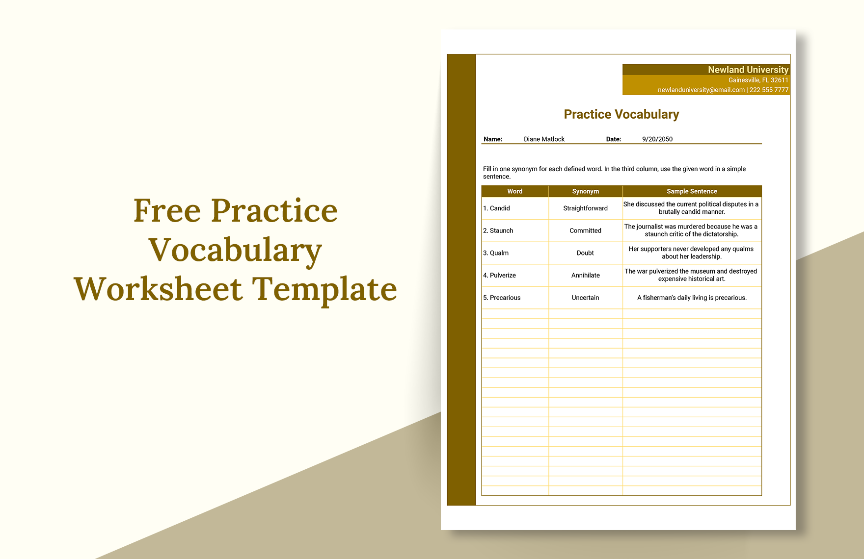 Practice Vocabulary Worksheet Template in Excel, Google Sheets
