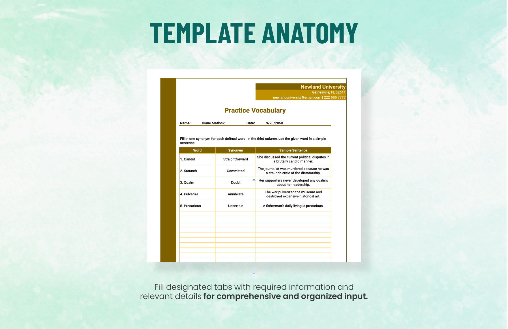 Practice Vocabulary Worksheet Template