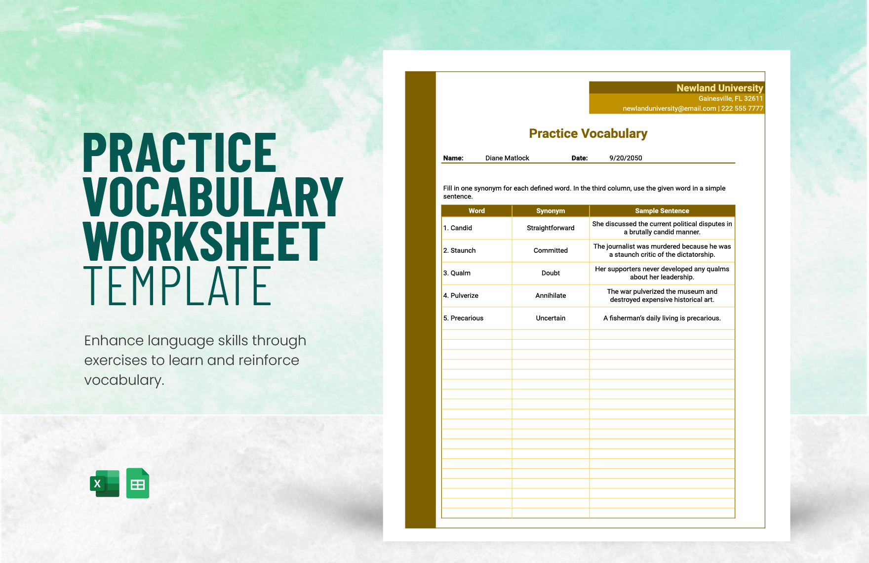 Practice Vocabulary Worksheet Template in Excel, Google Sheets