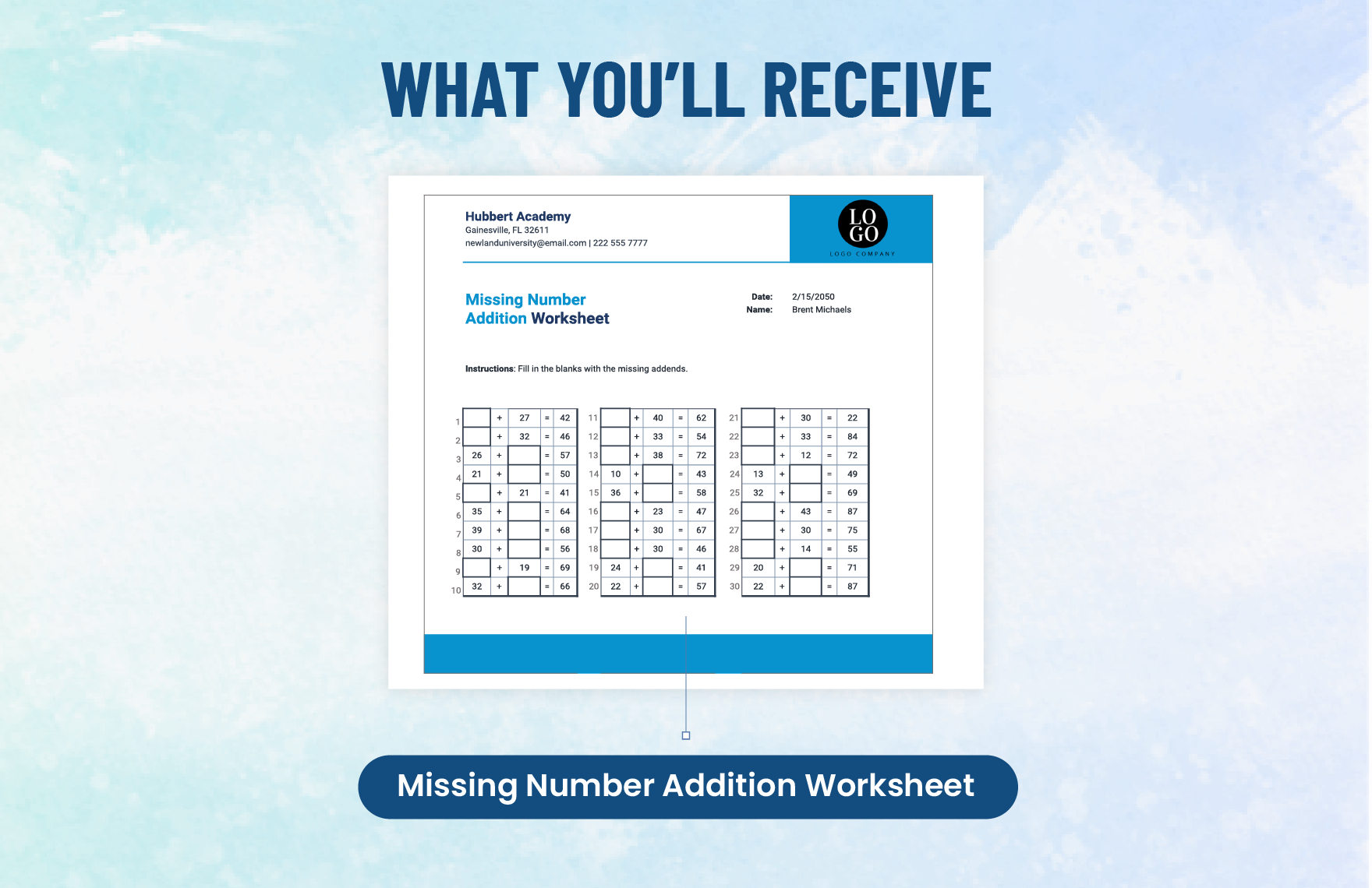 Missing Number Addition Worksheet