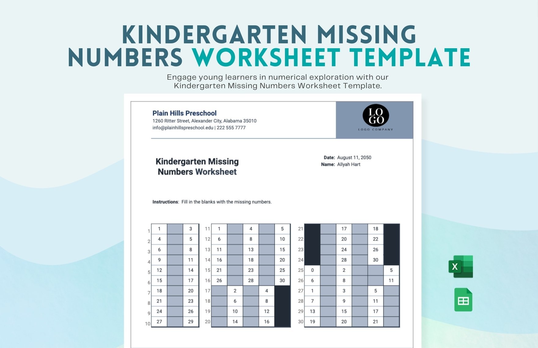 Kindergarten Missing Numbers Worksheet in Excel, Google Sheets
