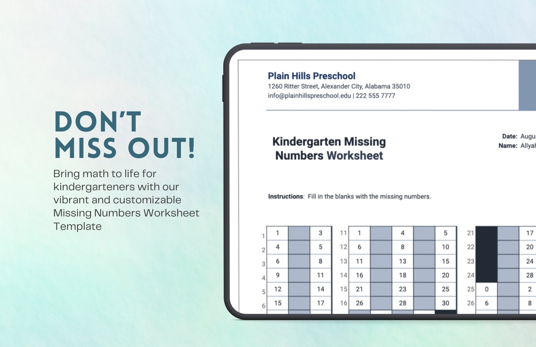Kindergarten Missing Numbers Worksheet