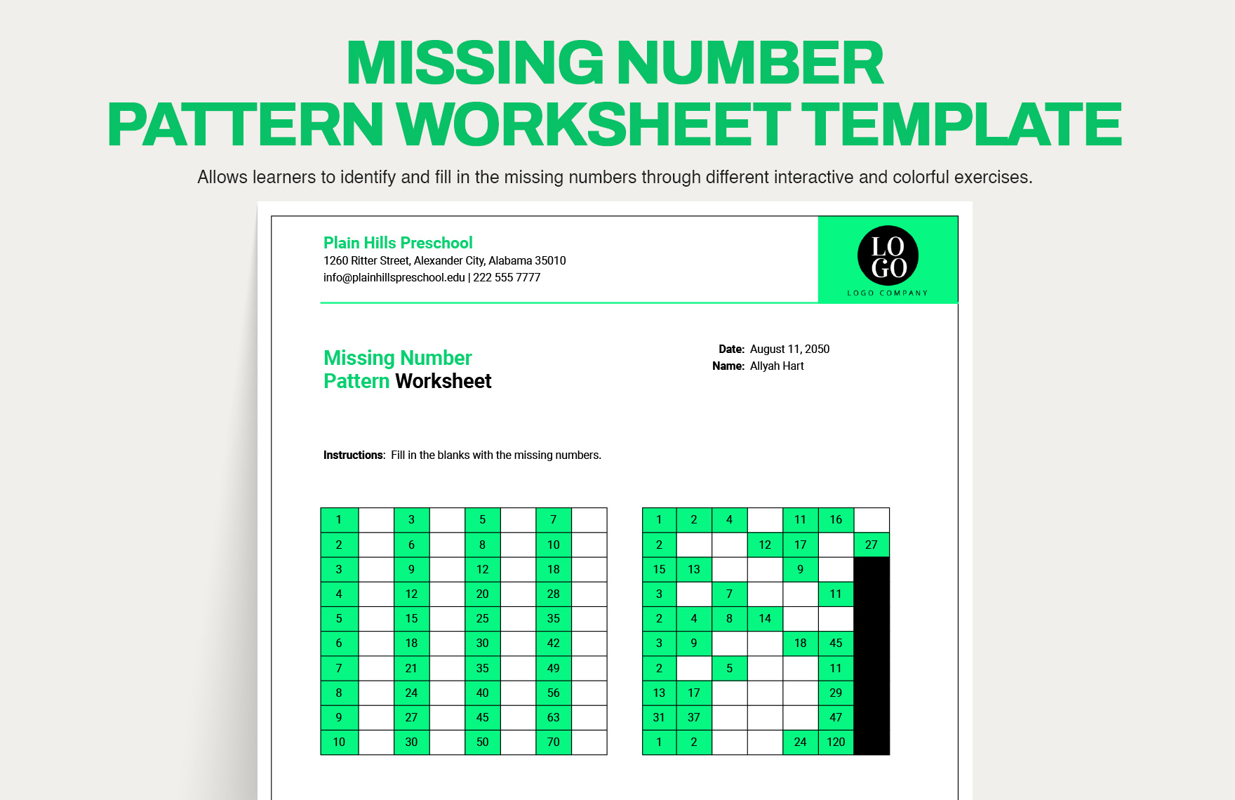 Missing Number Pattern Worksheet in Excel, Google Sheets - Download | Template.net