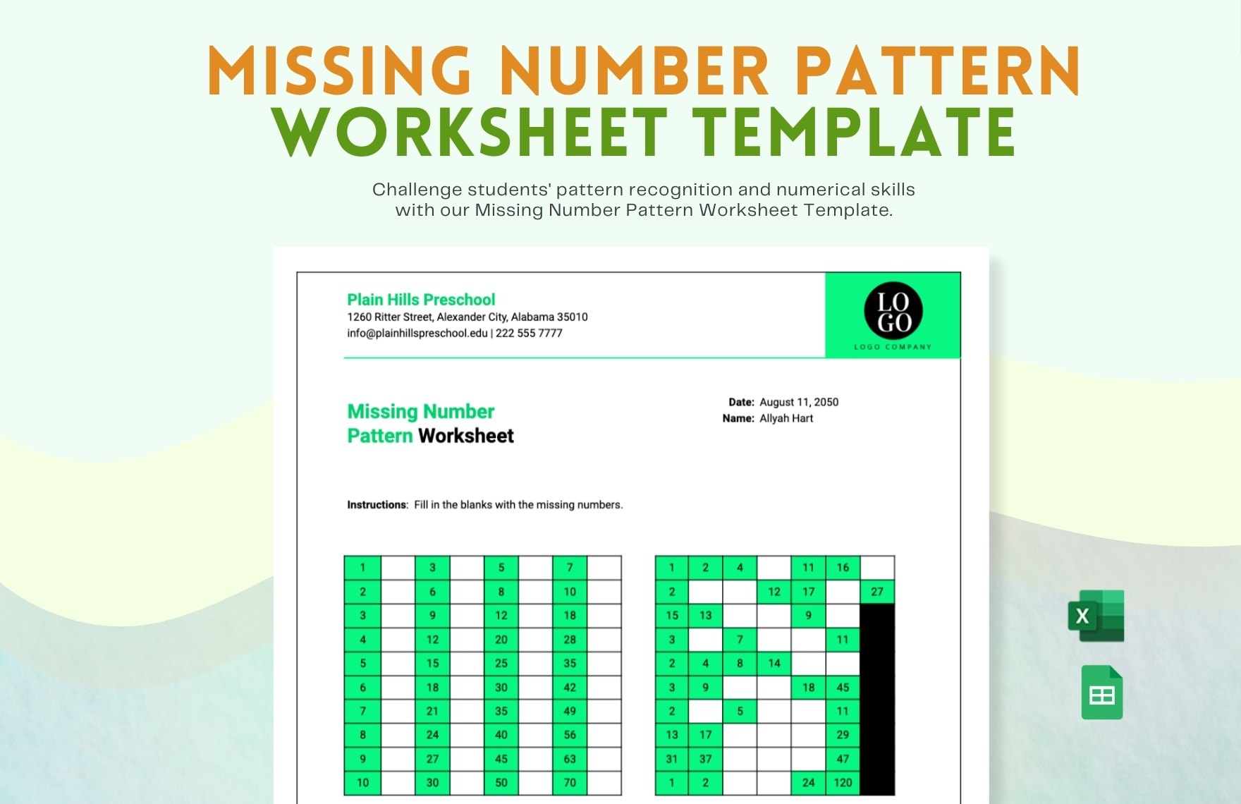 Missing Number Pattern Worksheet Template in Excel, Google Sheets