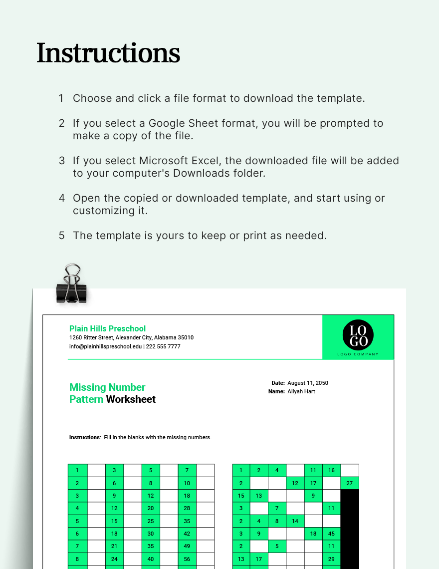Missing Number Pattern Worksheet - Google Sheets, Excel | Template.net