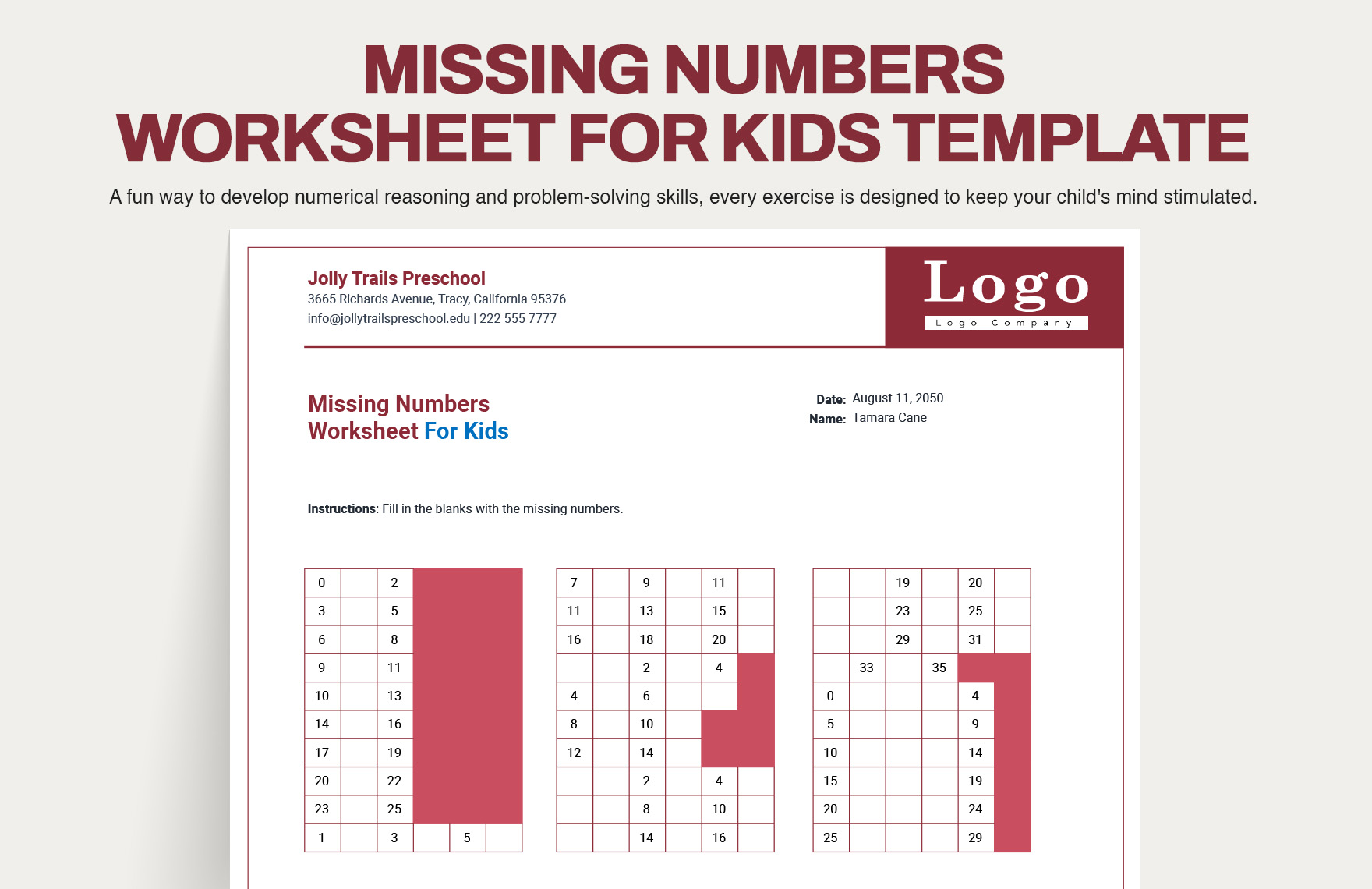 Missing Numbers Worksheet For Kids in Excel, Google Sheets