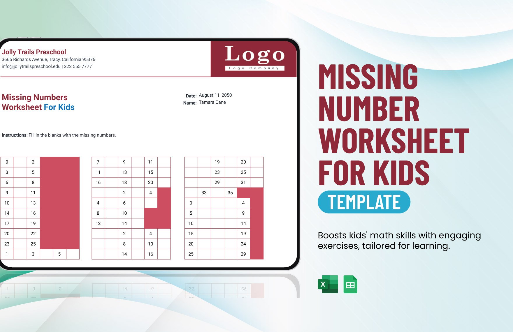 Missing Numbers Worksheet For Kids in Excel, Google Sheets - Download | Template.net