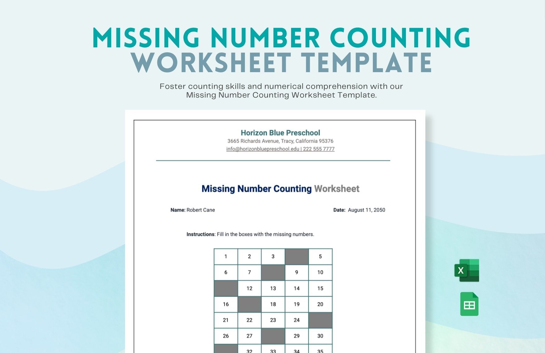 Missing Number Counting Worksheet in Excel, Google Sheets