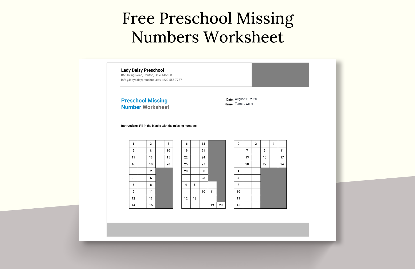 Preschool Missing Numbers Worksheet