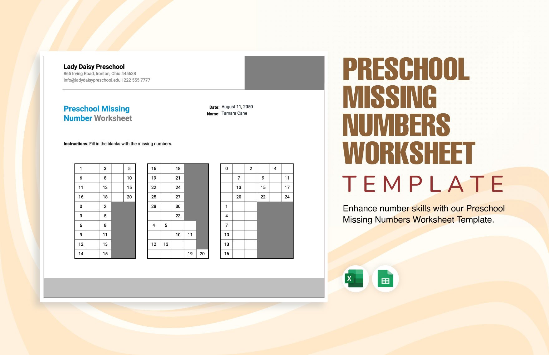 Free Preschool Missing Numbers Worksheet in Excel, Google Sheets