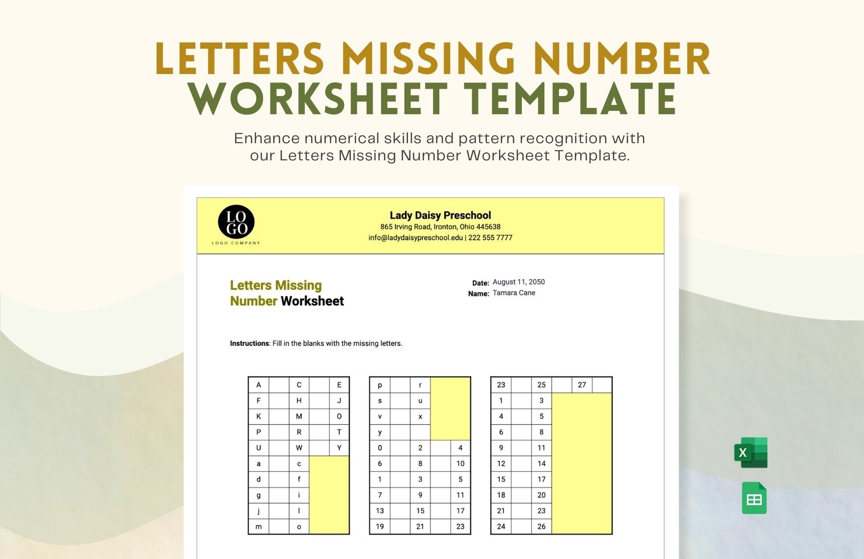 Letters Missing Number Worksheet Template in Excel, Google Sheets