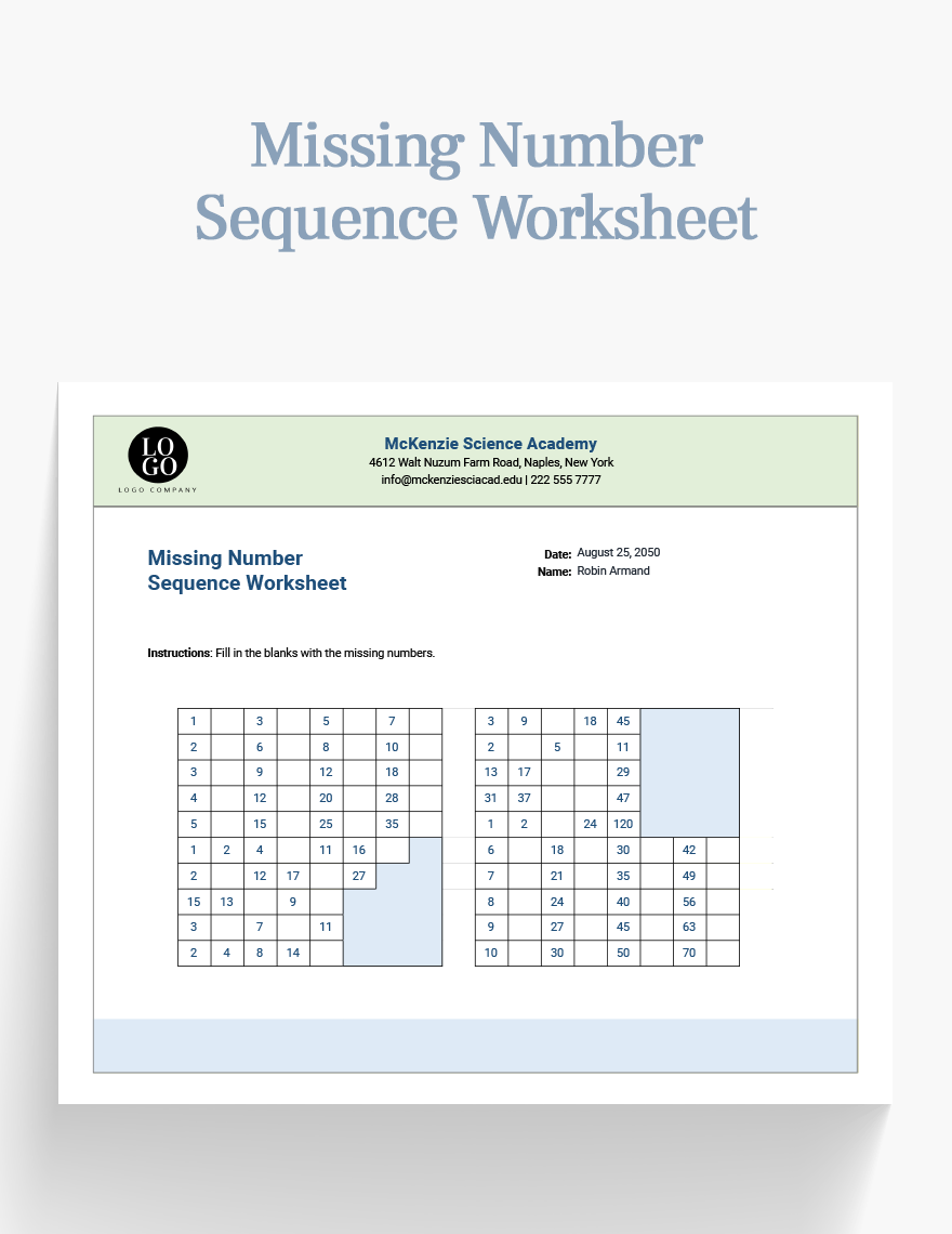 Missing Number Sequence Worksheet Google Sheets Excel Template