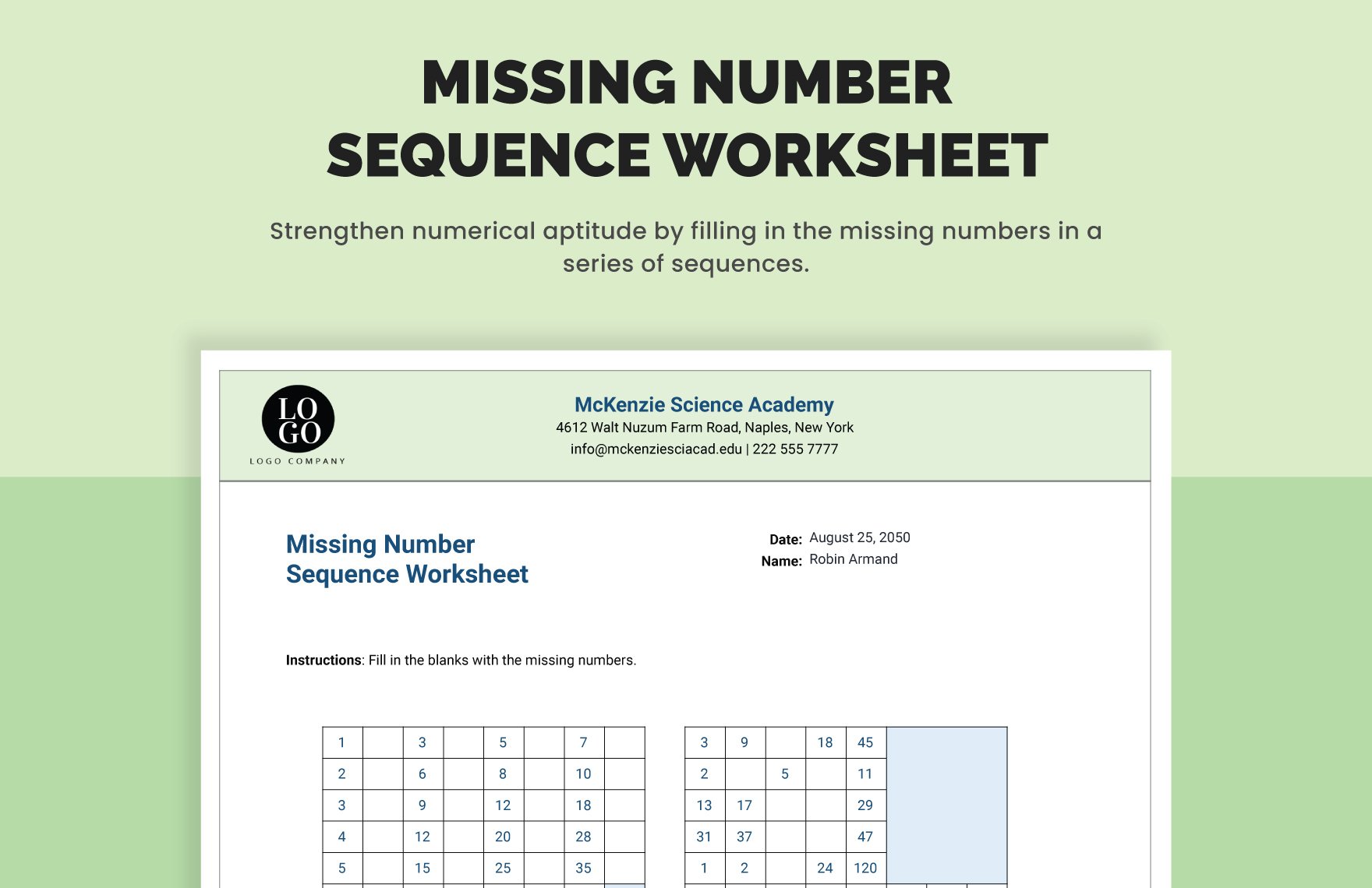 Missing Number Sequence Worksheet in Excel, Google Sheets