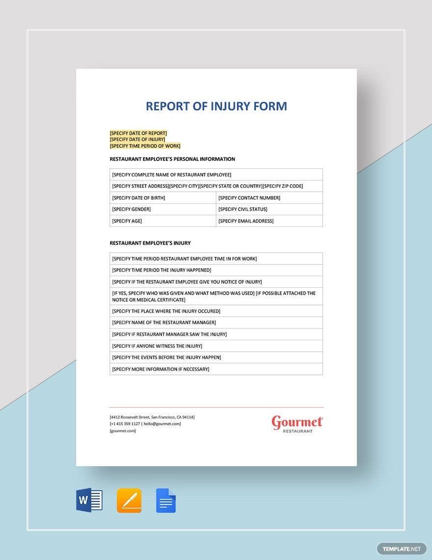 Report of Injury Form Template