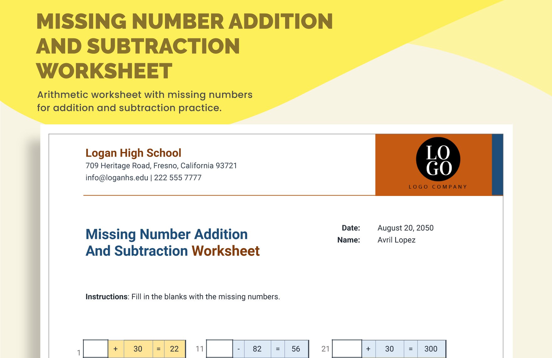 Missing Number Addition And Subtraction Worksheet in Excel, Google Sheets