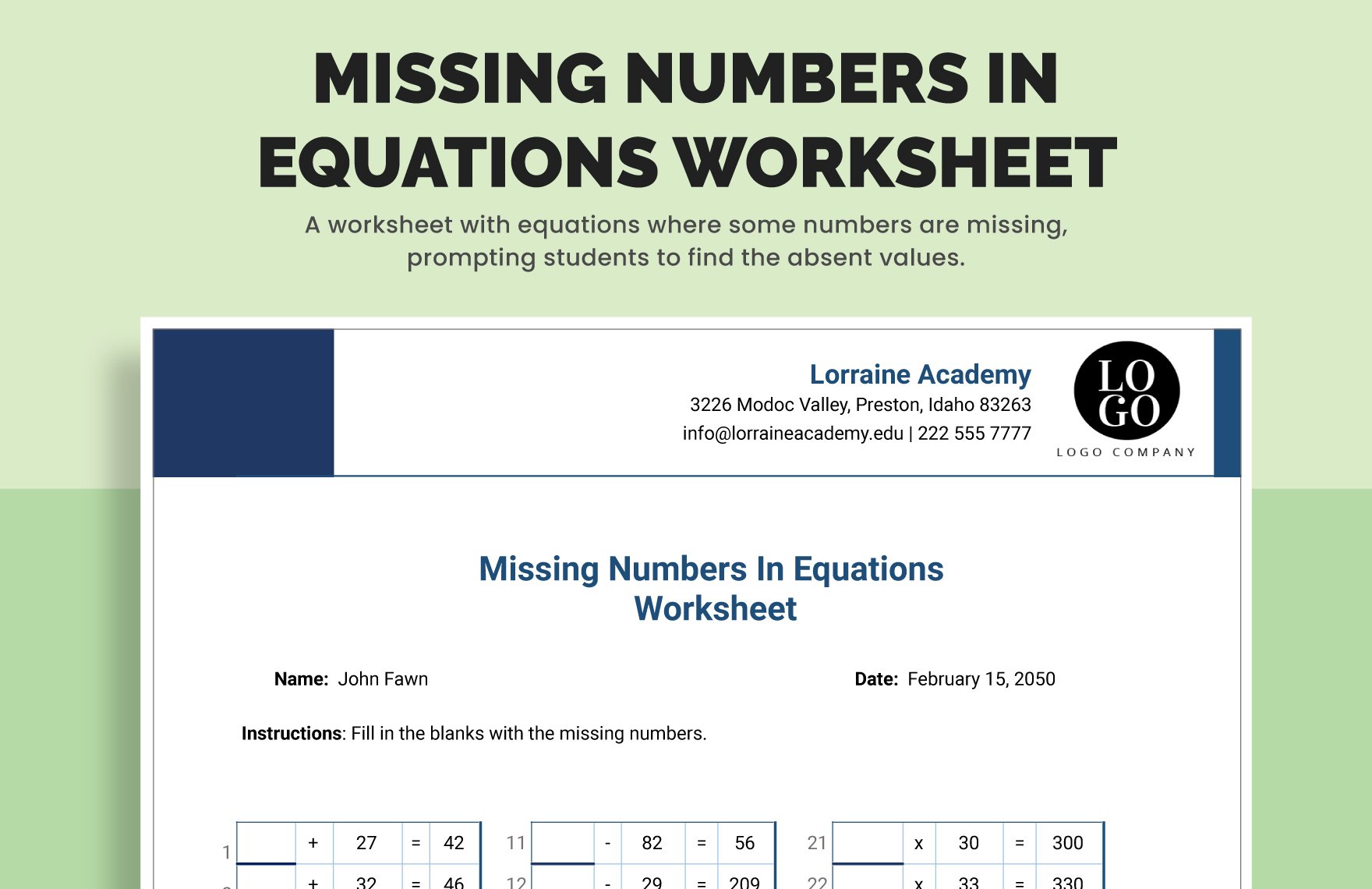 Missing Numbers In Equations Worksheet in Excel, Google Sheets