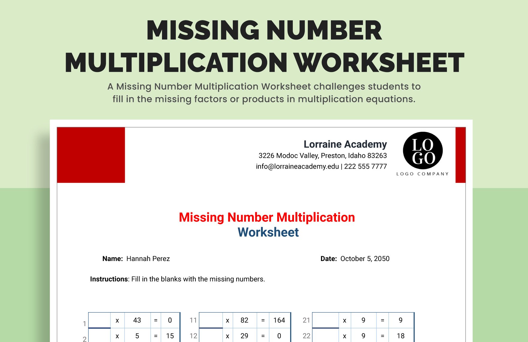 Missing Number Multiplication Worksheet