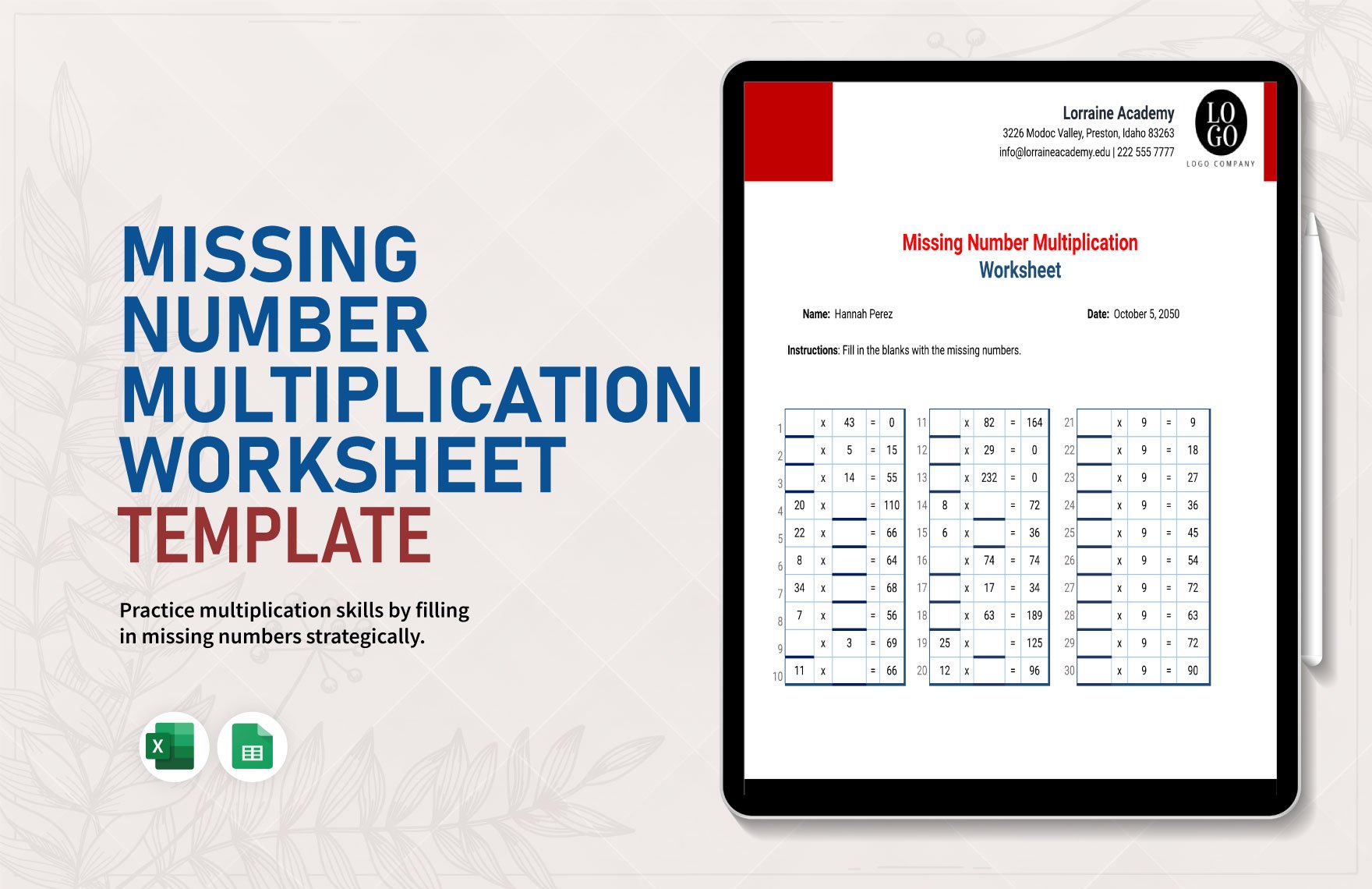 Missing Number Multiplication Worksheet in Excel, Google Sheets