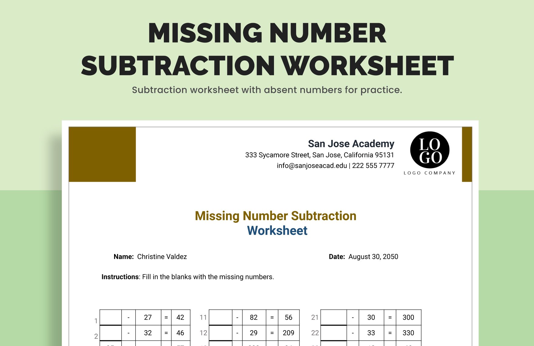 Missing Number Subtraction Worksheet in Excel, Google Sheets