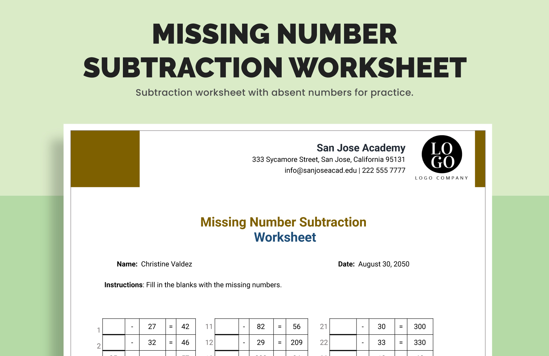 Missing Number Subtraction Worksheet in Excel, Google Sheets - Download | Template.net