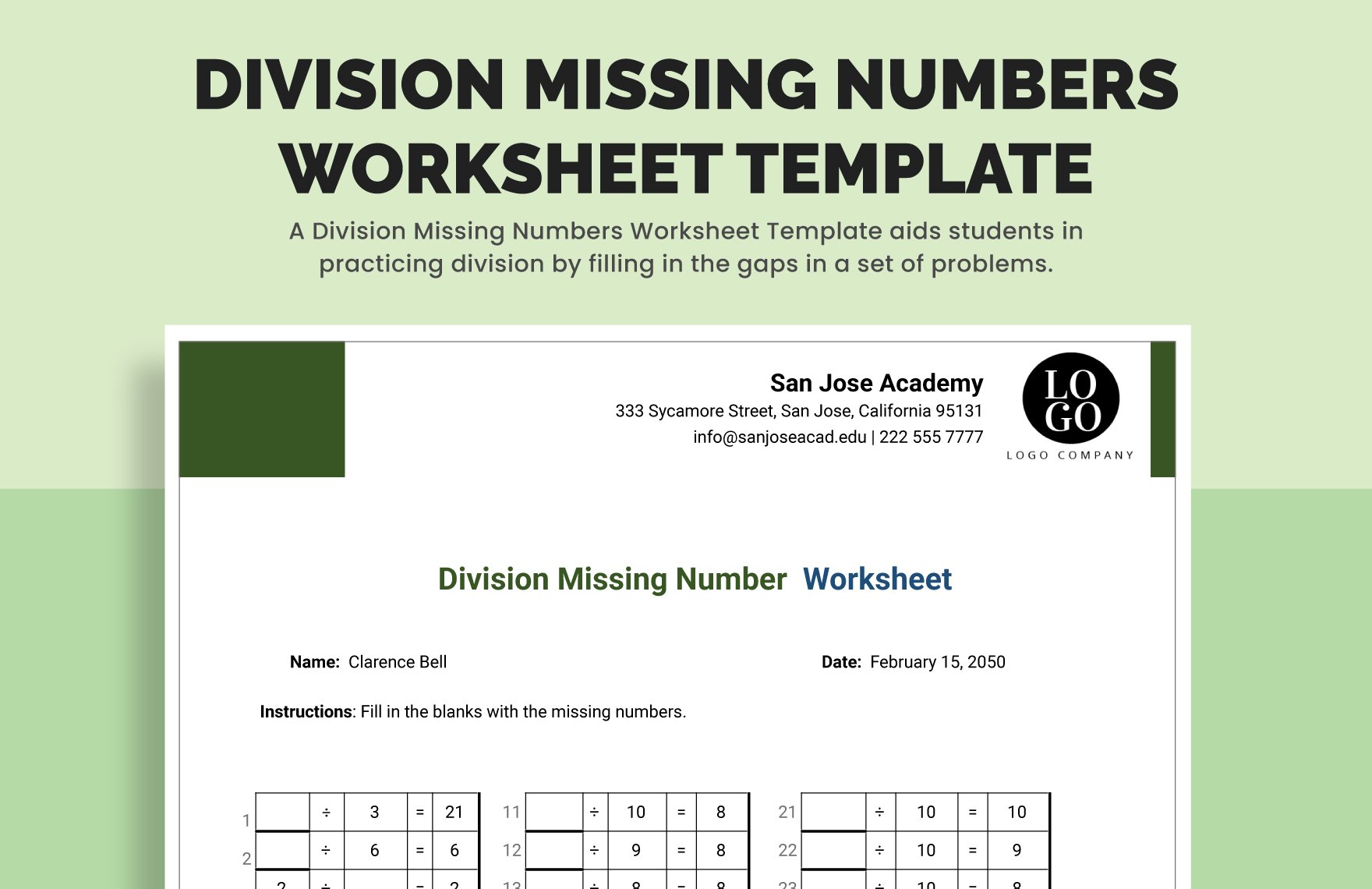 Division Missing Numbers Worksheet Template