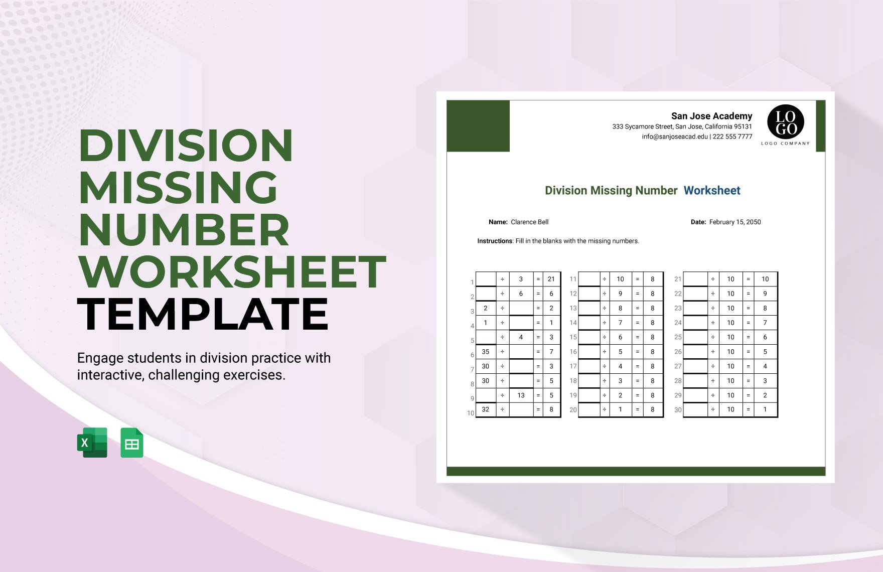 Division Missing Numbers Worksheet Template in Excel, Google Sheets