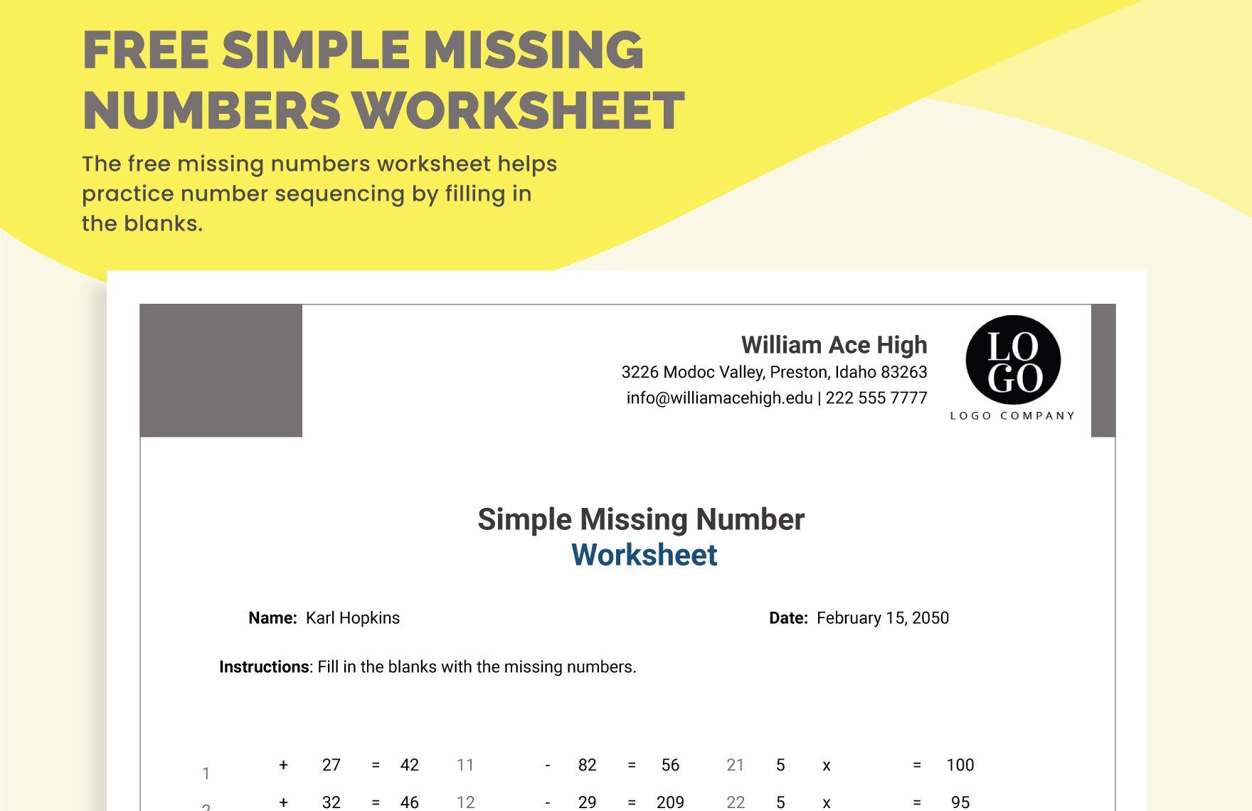 Simple Missing Numbers Worksheet in Excel, Google Sheets