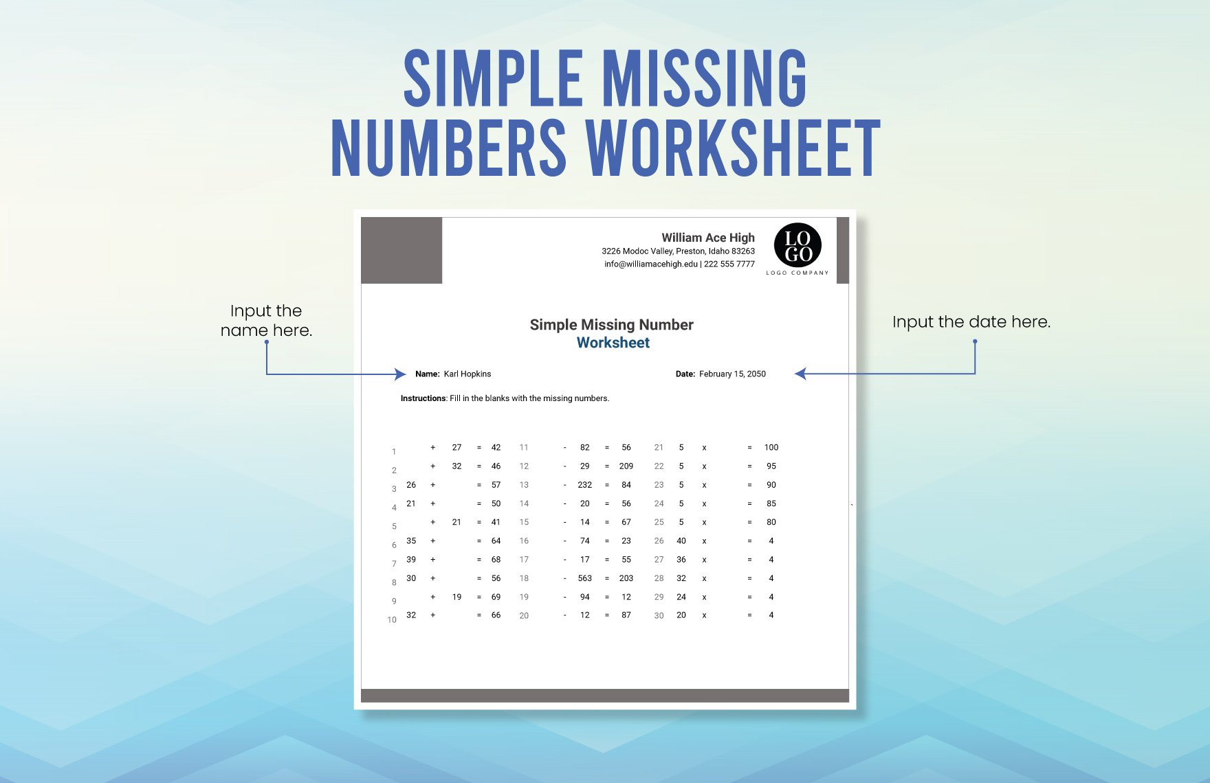 Simple Missing Numbers Worksheet