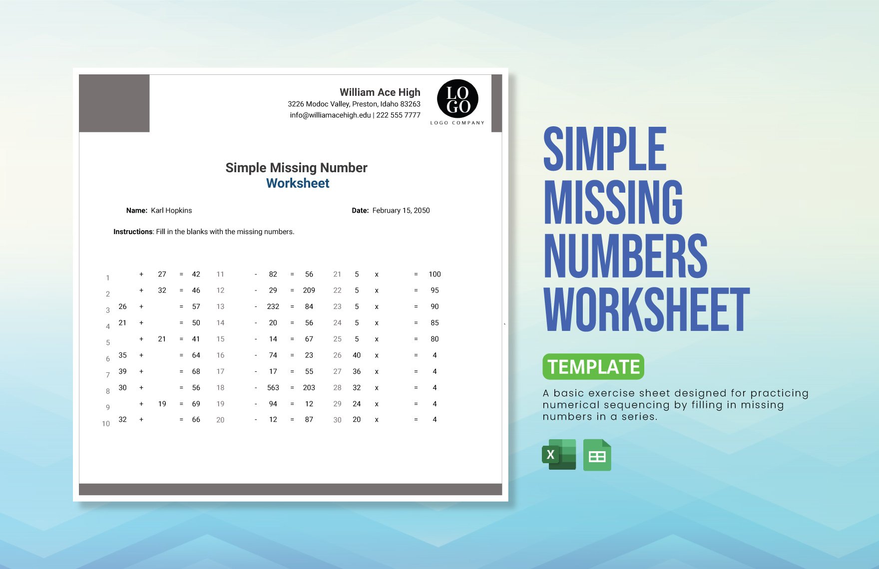 Simple Missing Numbers Worksheet in Excel, Google Sheets