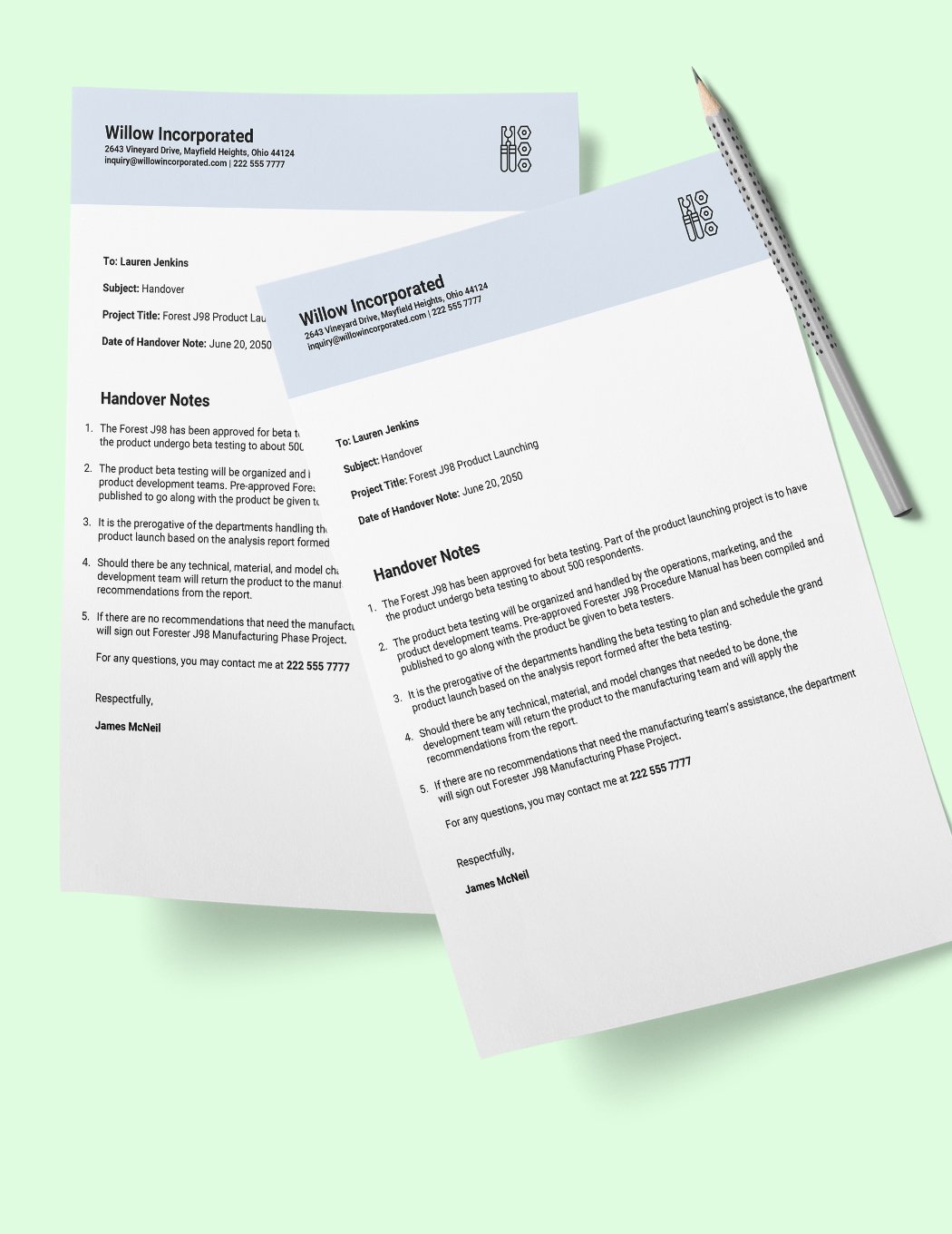 Product Handover Note Template