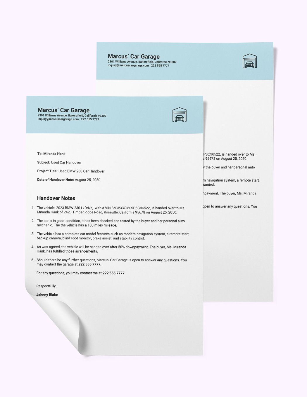 Vehicle Handover Note Template