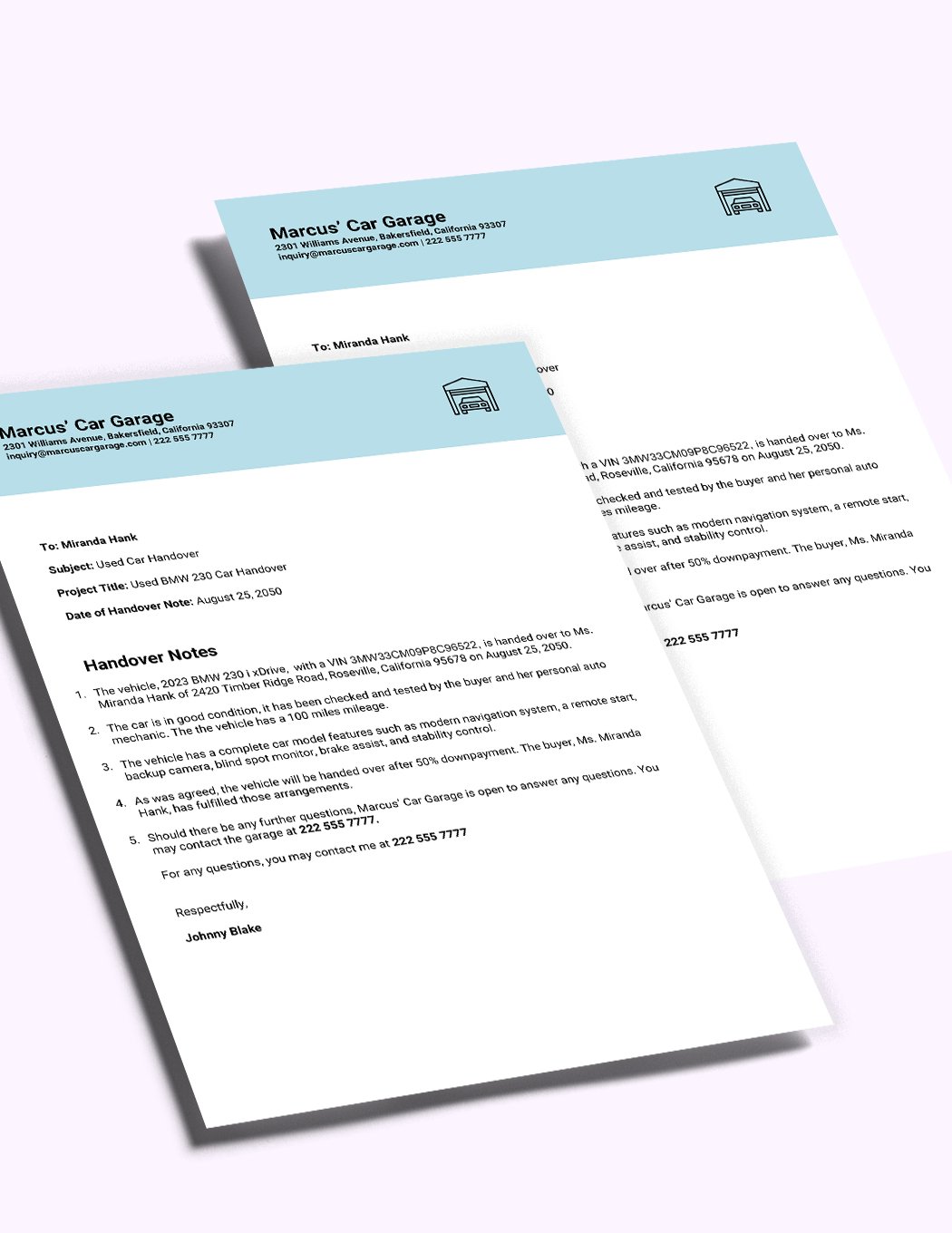 Vehicle Handover Note Template