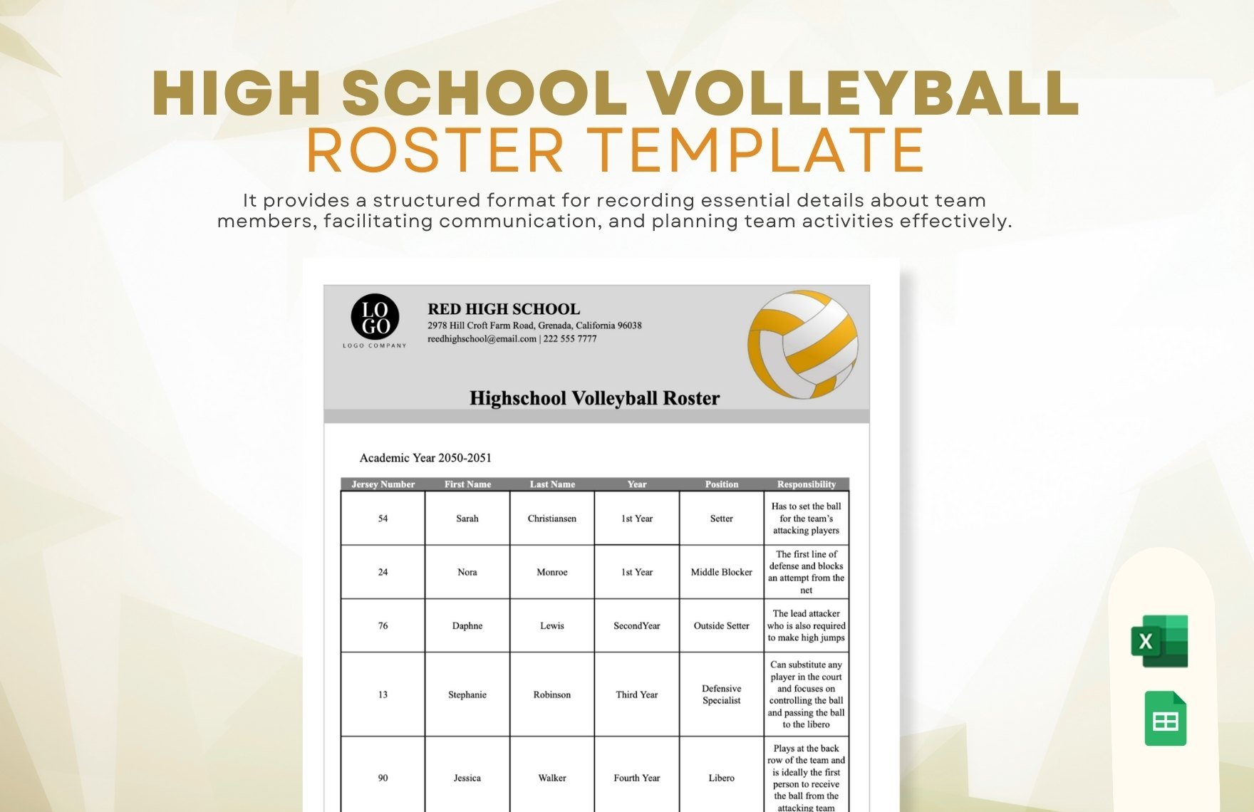 Free High School Volleyball Roster Template in Excel, Google Sheets