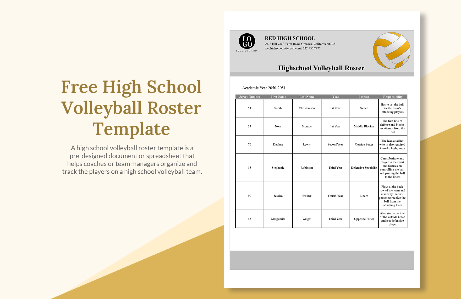 Free High School Volleyball Roster Template Download in Excel, Google