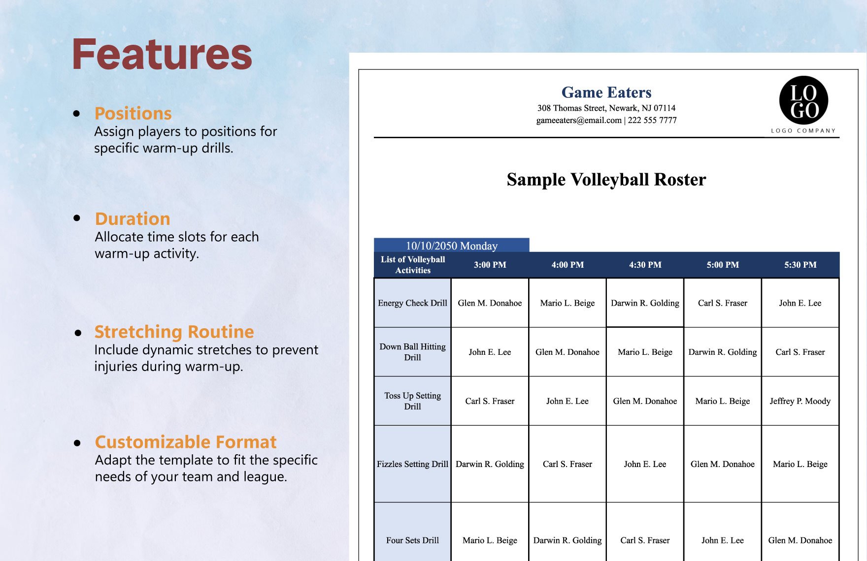 Sample Volleyball Roster