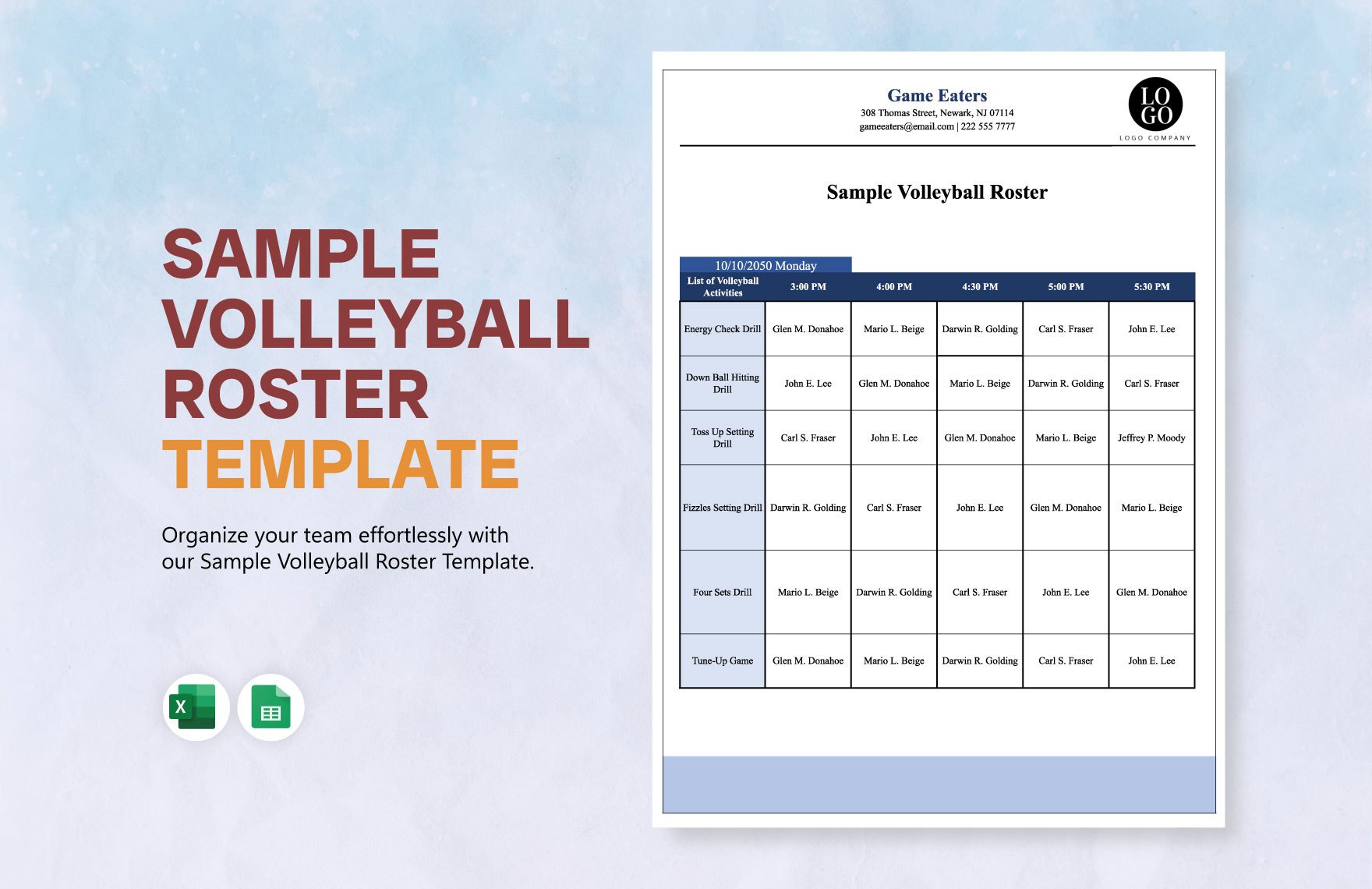 Sample Volleyball Roster in Excel, Google Sheets