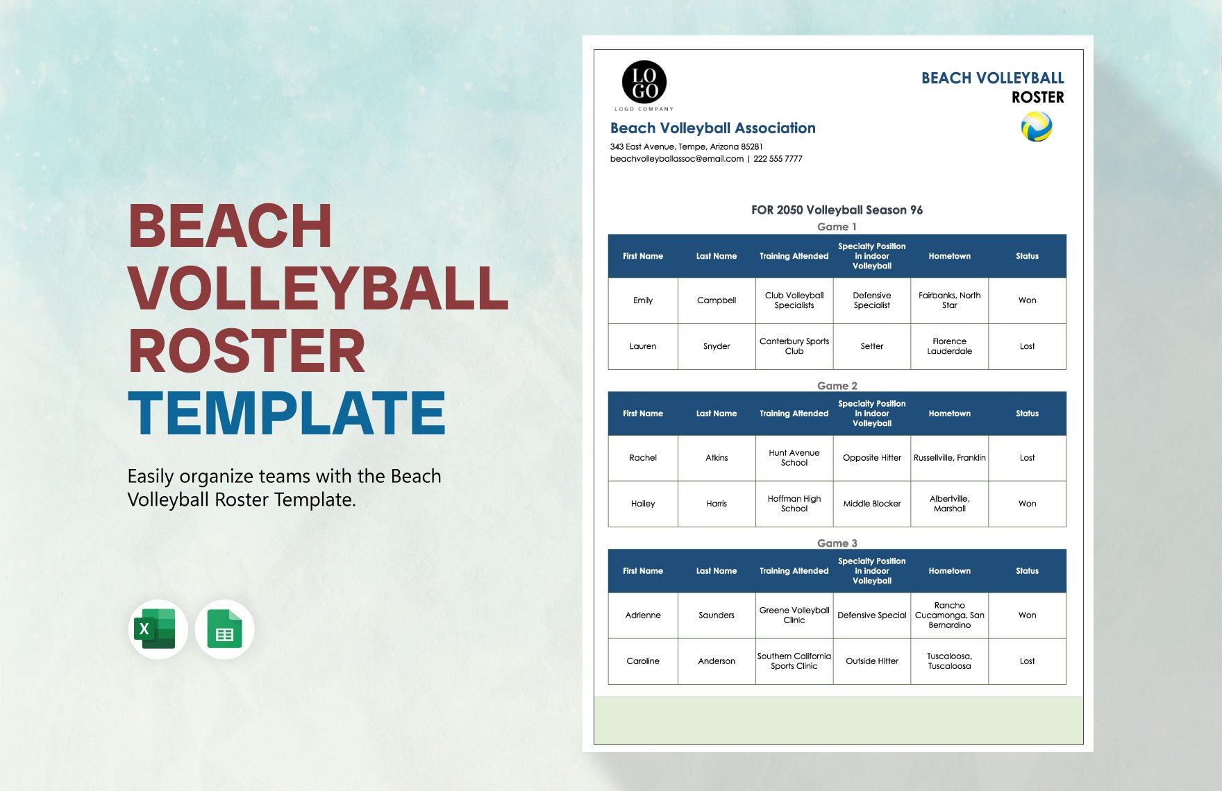 Beach Volleyball Roster Template in Excel, Google Sheets
