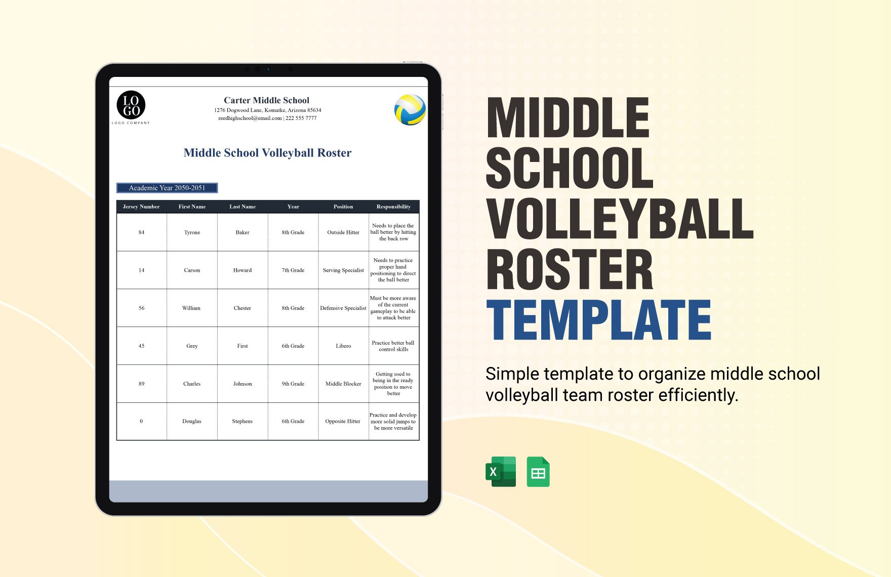 Free Middle School Volleyball Roster Template in Excel, Google Sheets