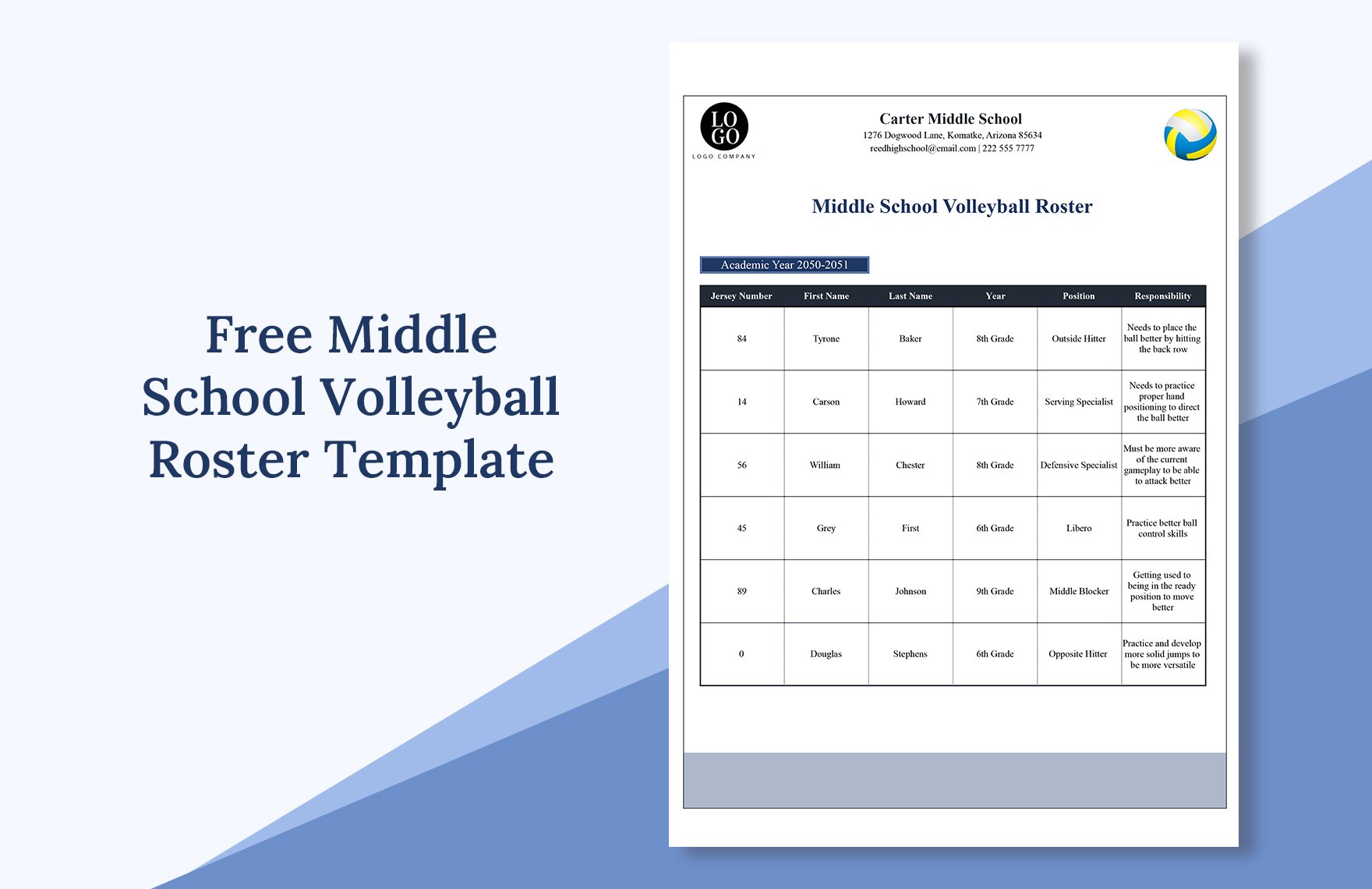 Middle School Volleyball Roster Template
