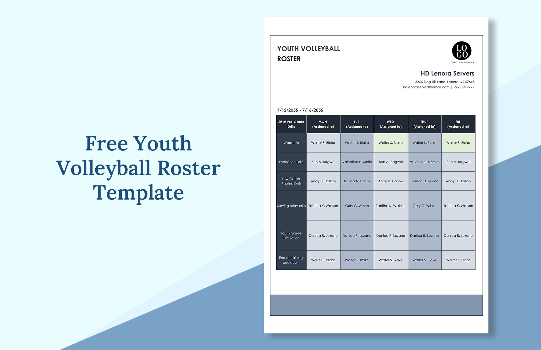 Volleyball Club Roster in Excel, Google Sheets - Download