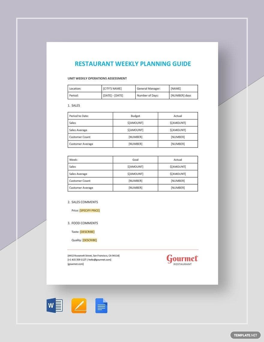 Restaurant Weekly Planning Guide Template