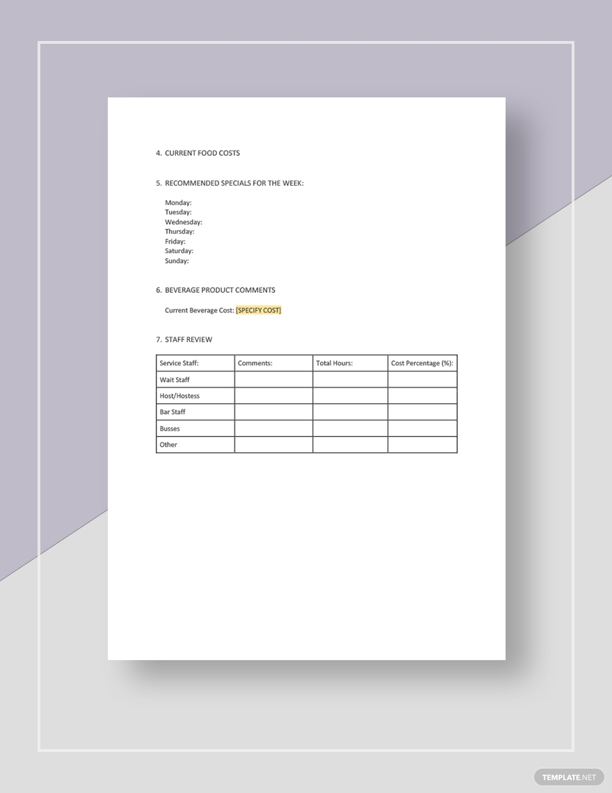 Restaurant Weekly Planning Guide Template