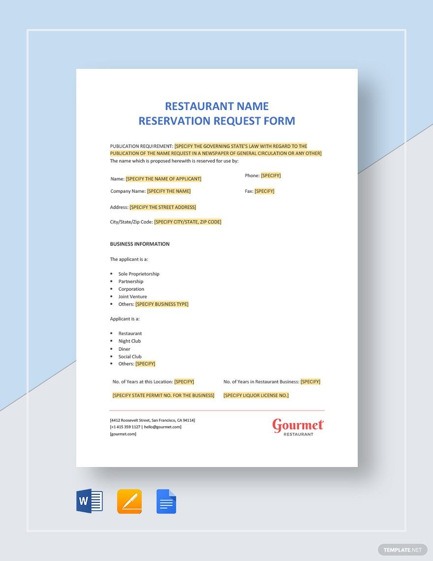 Restaurant Name Reservation Request Form Template Google Docs Word 