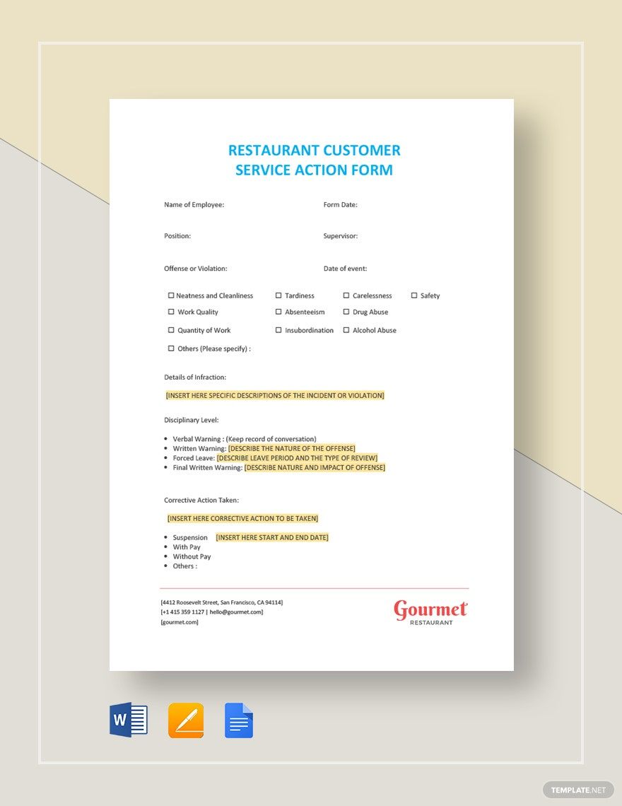 Restaurant Customer Service Action Form Template