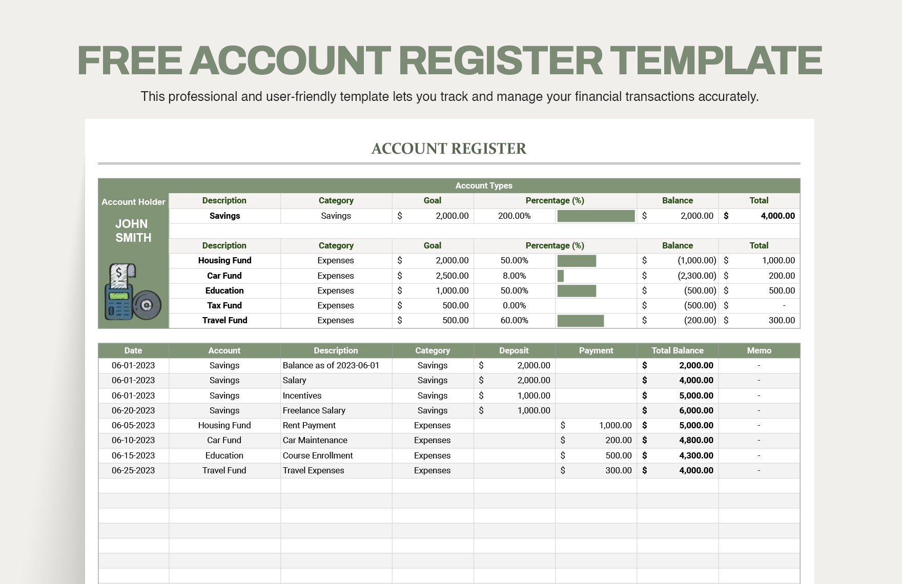Free Account Register Template
