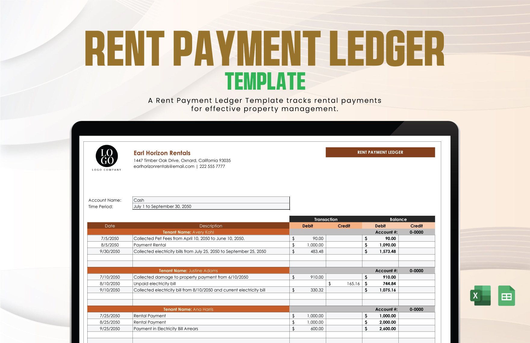Rent Payment Ledger Template in Excel, Google Sheets