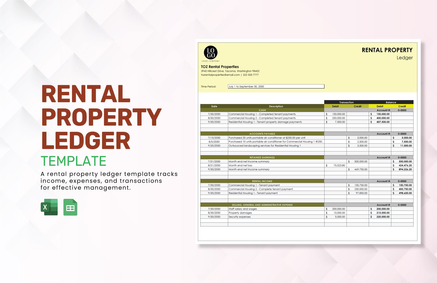 Rental Property Ledger Template in Excel, Google Sheets