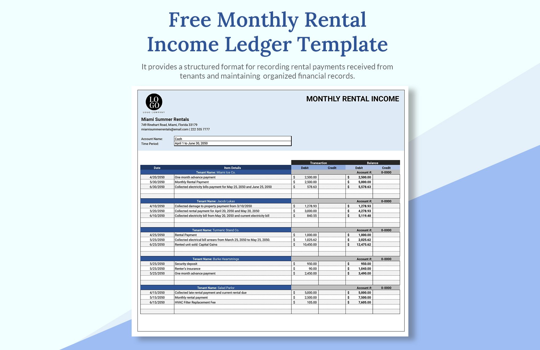 Monthly Rental Income Ledger Template in Excel, Google Sheets