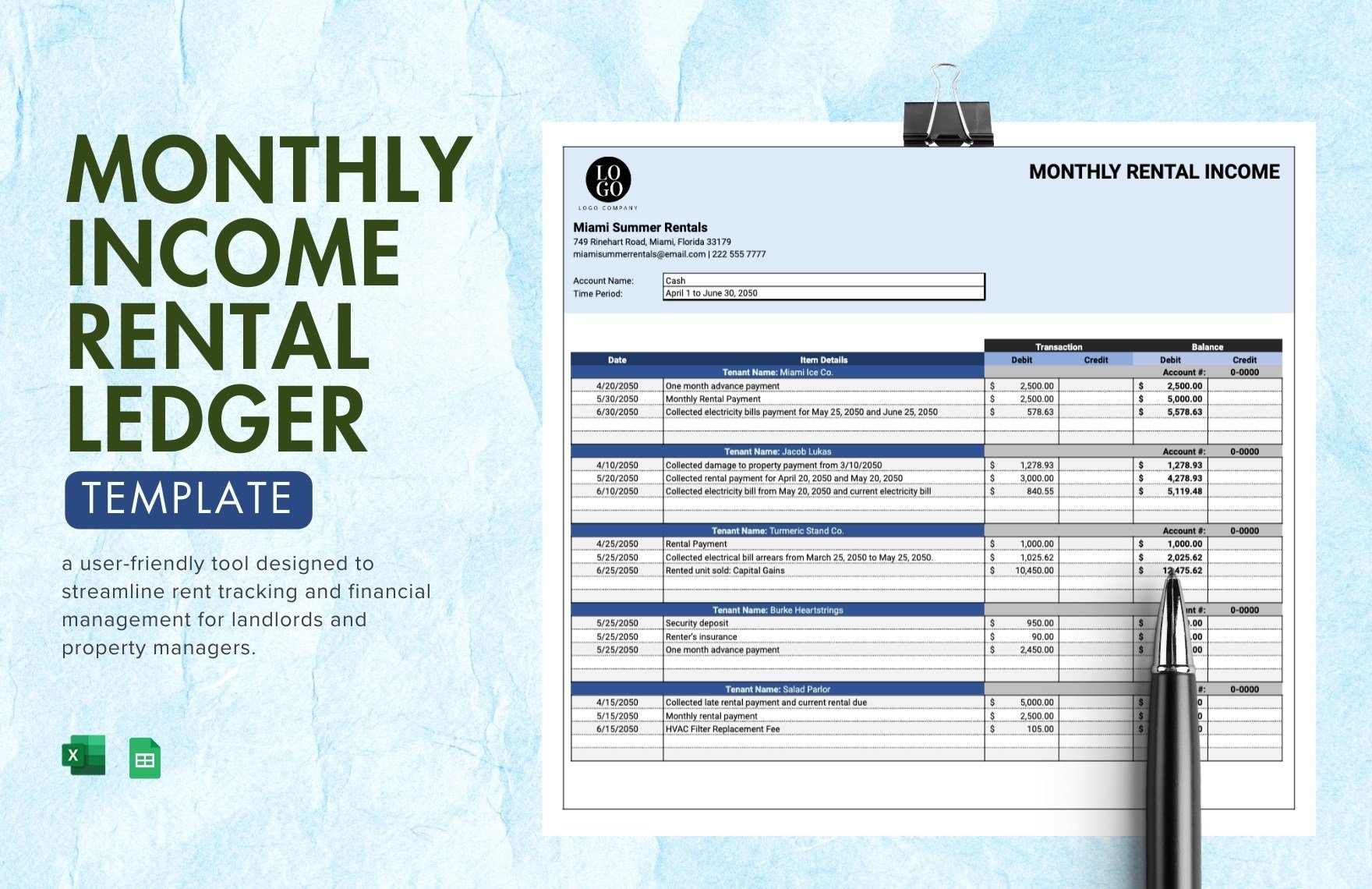 Monthly Rental Income Ledger Template